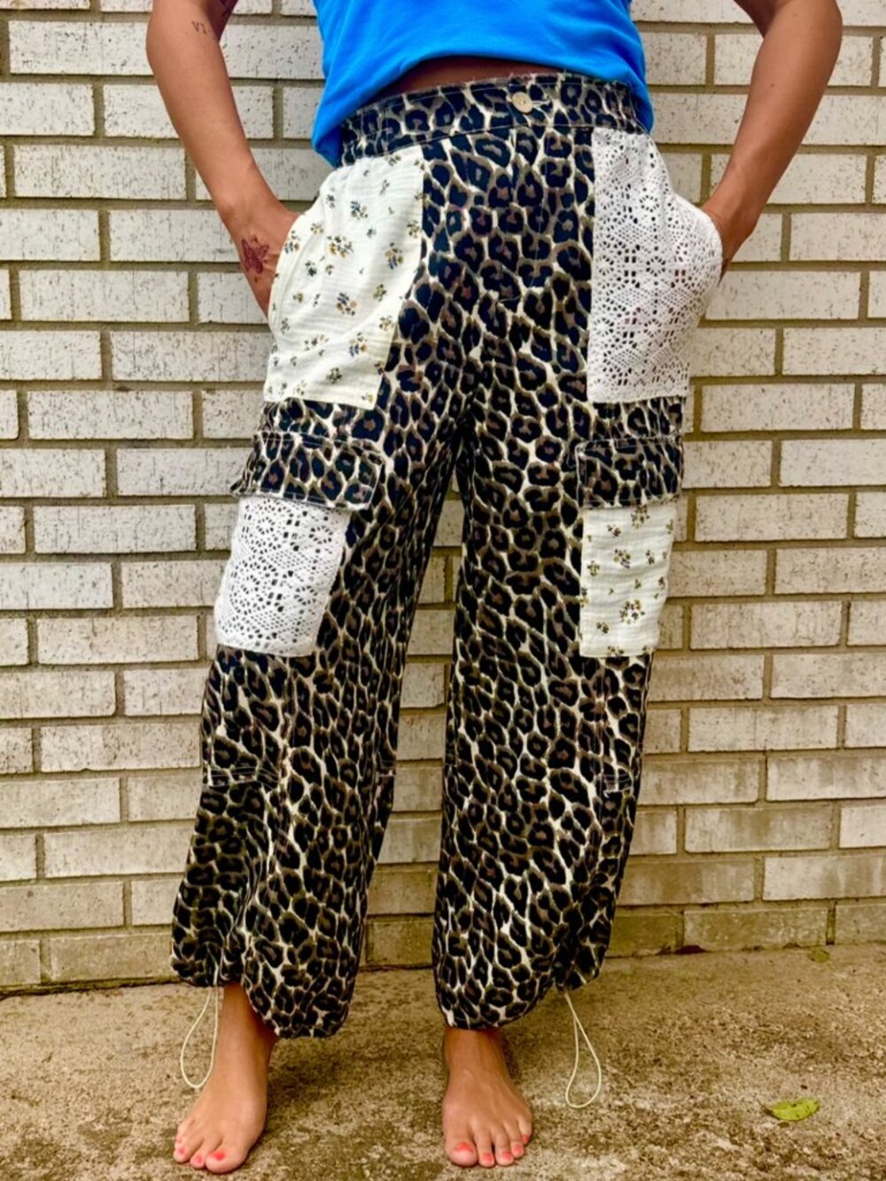 #1194 ODDI Leopard bubble pants lace patchwork